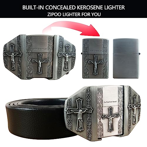 Jesus Cross Men Leather Belts,Hidden Lighter Vintage Western Cowboy Black Waist Belt For Pants Jeans-In God We Trust3