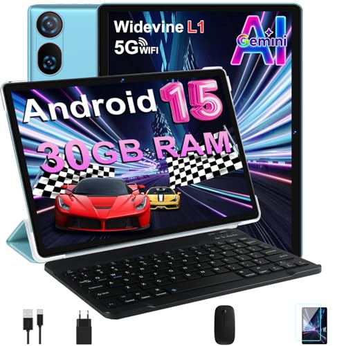 DMOAO Tablet 10 Zoll Android 15 mit Tastatur, Gemini AI, 30GB RAM + 64GB ROM (2TB Erweiterung), 5G WLAN, Widevine L1, Octa-Core, GPS, Face ID, FHD IPS, 6000mAh, USB, Blau
