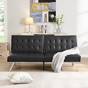 LIADTOP Modern PU Leather, Convertible Couch Bed,Futon Sets Daybed,Folding Sleeper Sofa Love seat for Living Room&Bedroom Small Space,Black