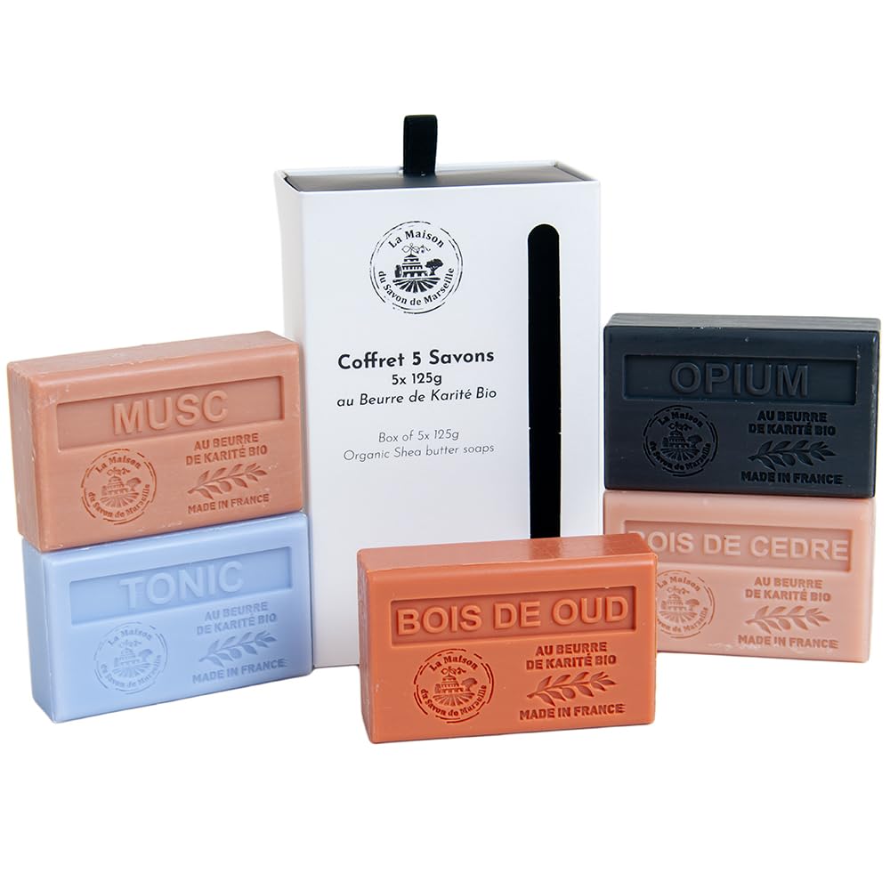 de Marseille - French Soaps - 5 x 125g Bars - Organic Shea Butter Moisturising Skincare Mens Gift Set - Masculine Fragrances - Musk - Cedar Wood - Oud Wood - Tonic - Opium