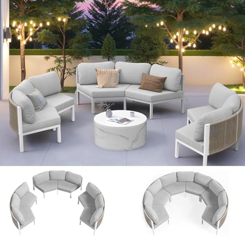 Pellebant Half Moon Aluminum Patio Furniture Set - 6 Piece Modern Curved Outdoor Sofa, Waterproof Outdoor Circle Couch for Backyard, Lawn & Garden, Gray