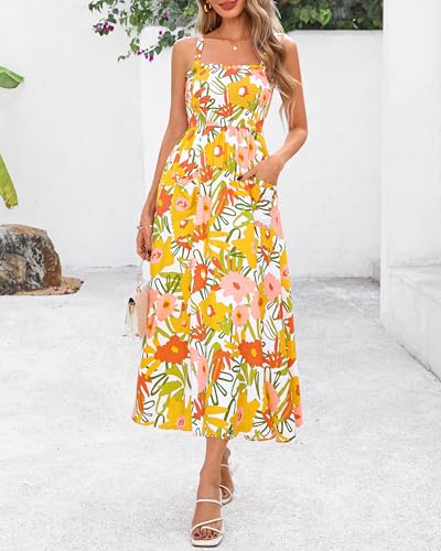 PRETTYGARDEN Womens Summer Dresses 2026 Casual Spaghetti Strap Ruffle Smocked Flowy Floral Spring Maxi Dress with Pocket(White Yellow Flower,Medium) — view 3