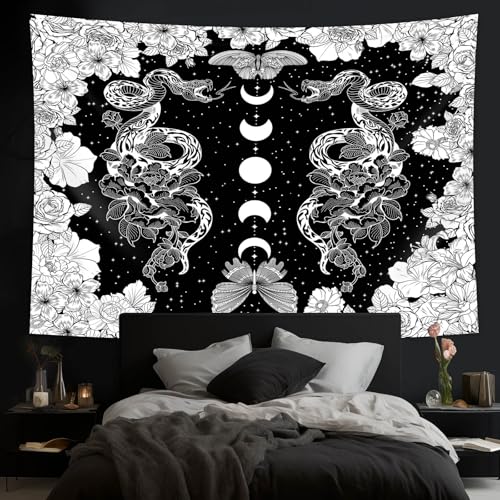 dueeia Moon Phase Witchy Tapestry Wall Hanging Snake Witch Occult Black and White Dark Tapestries for Bedroom Aesthetic Living Room Wall Decor (78.7"x59.1")