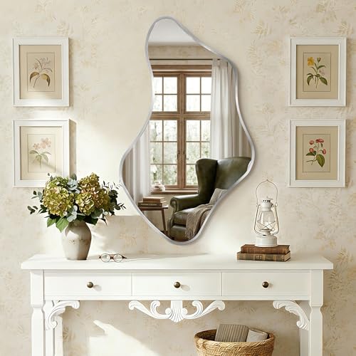 Fahomiss Espejo de pared irregular, espejo decorativo único para dormitorio, pasillo y sala de estar (plata, 70 x 130)