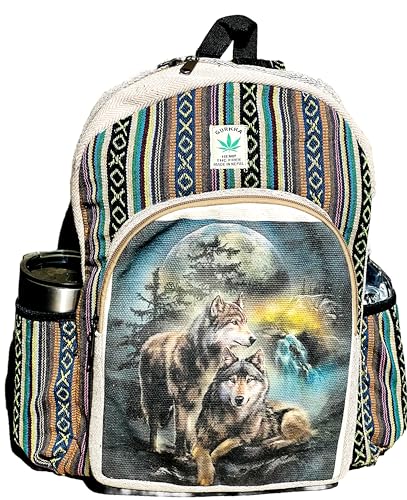 Hemp Bag – Large Multi-Pocket Travel Pack, Laptop Unisex, Cotton Stripe Nepali for Festival & Hiking (13 Inch, 2 Large + 2 Bottle Spaces