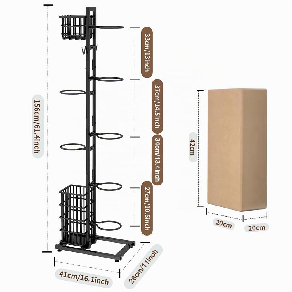 NUODWELL Estante de almacenamiento de pelotas, organizador deportivo con cesta y ganchos, estante de baloncesto de metal, para garaje y hogar