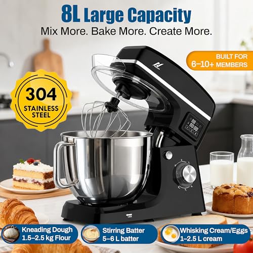 Image of NexLev Stand Mixer | 2000W Copper Motor Dough Maker Machine with Digital Timer, 8L Stainless Steel Bowl, 6 Speed + Pulse Control, Metal Gears, Planetary Rotation, Teflon Coated, ST-03