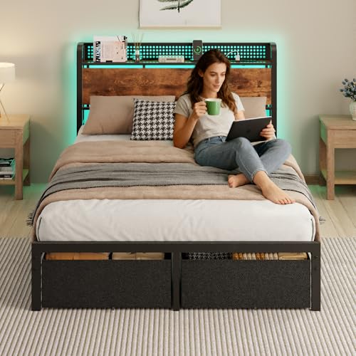 Image of Furnulem Full Size Bed Frame with Headboard Storage, Platform Bed Frame Full Size with 2 Drawers, Charging Station and LED Lights, No Box Spring Needed, Noise Free, Easy Assembly (800 lbs Capacity)
