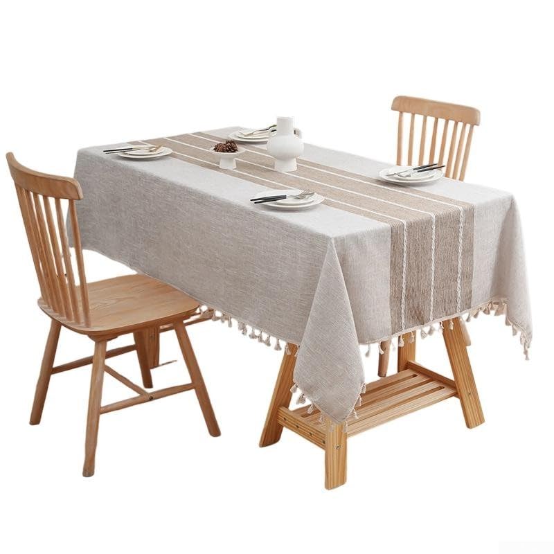 Nappe rectangulaire en coton et lin marron rayé 140x180 cm