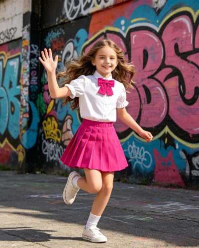Image of Betusline Girls Skirt Set JK School Uniform 2-Piece Outfit - Short Sleeve Shirt with Bow & Pleated Skirt 4T-14Y