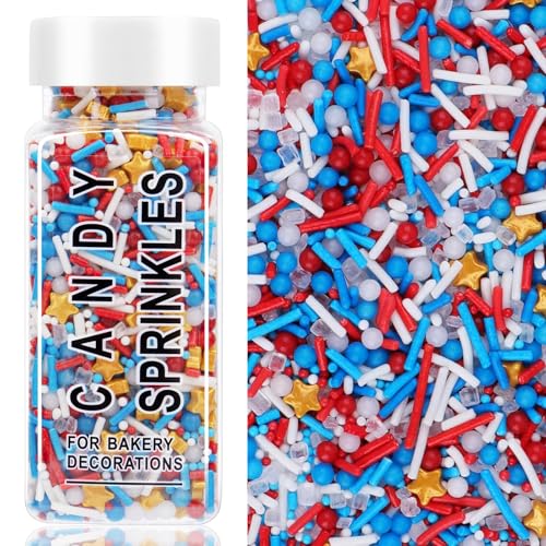 Image of Red White and Blue Sprinkles, Patriotic 4th of July Gold Star Sprinkles | Edible Pearls, Jimmies, Golden Stars, Coarse Sugar, For Baking, Cookie, Cupcake, Ice Cream Topping, Memorial Holiday Supplies