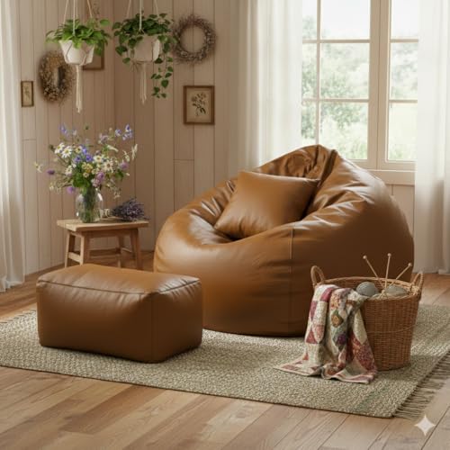 Image of Luxury 5XL Jumbo Bean Bag with Footrest & Cushion | Premium Leatherette | High-Density Beans Filled | Heavy Duty Double Stitch | 6 Months Warranty Color- (Navy Blue) (TAN)