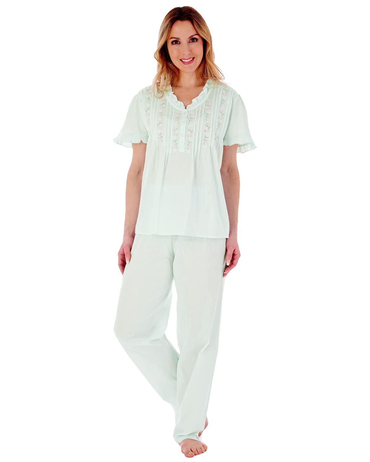 Slenderella PJ55252 Women's Mint Cotton Embroidered Pyjama Set Small