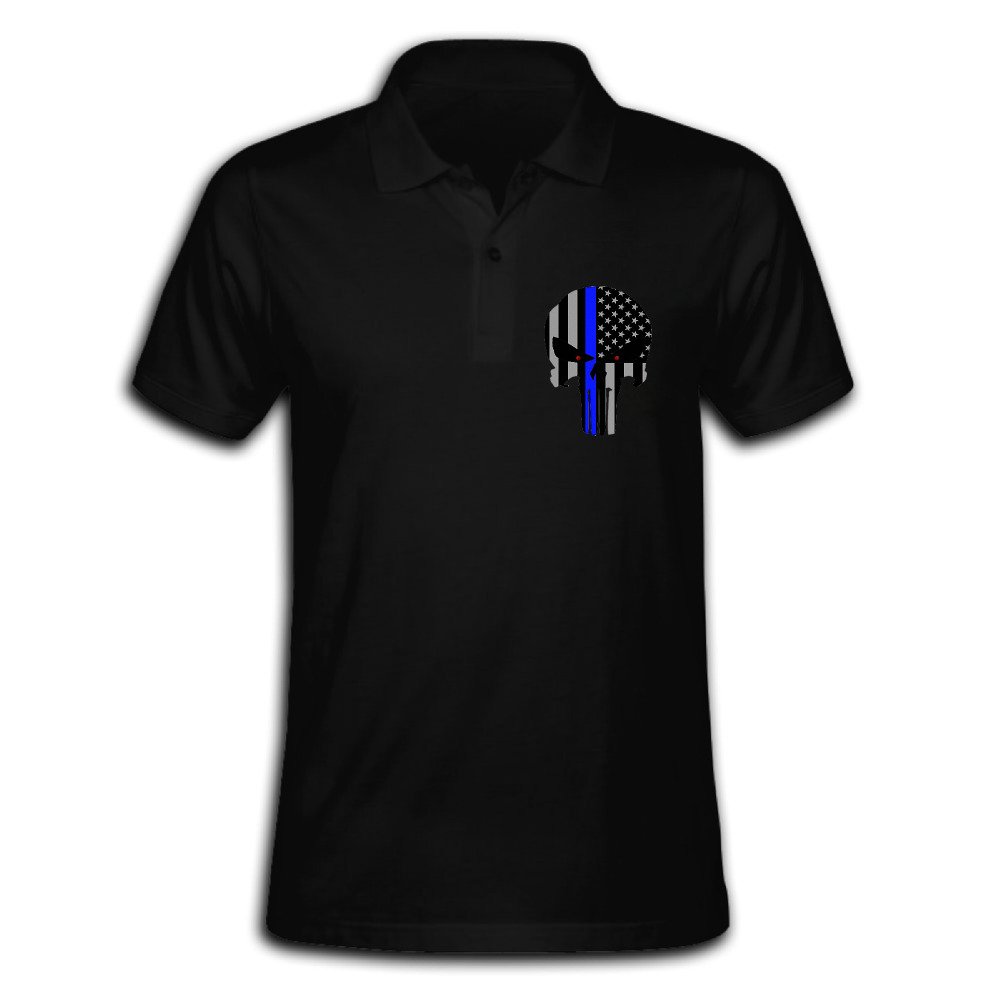 Men's Thin Blue Line The Punisher Logo Solid Short Sleeve Pique Polo Shirt Black US Size M