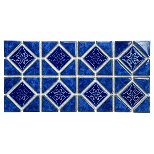 Tenedos Blue Diamond with Flower Glossy Porcelain Mosaic Tile – Mesh-Mounted 6x12 Sheet for Pool, Bathroom, Kitchen Backsplash, Shower & Accent Walls – (1 Sheet)