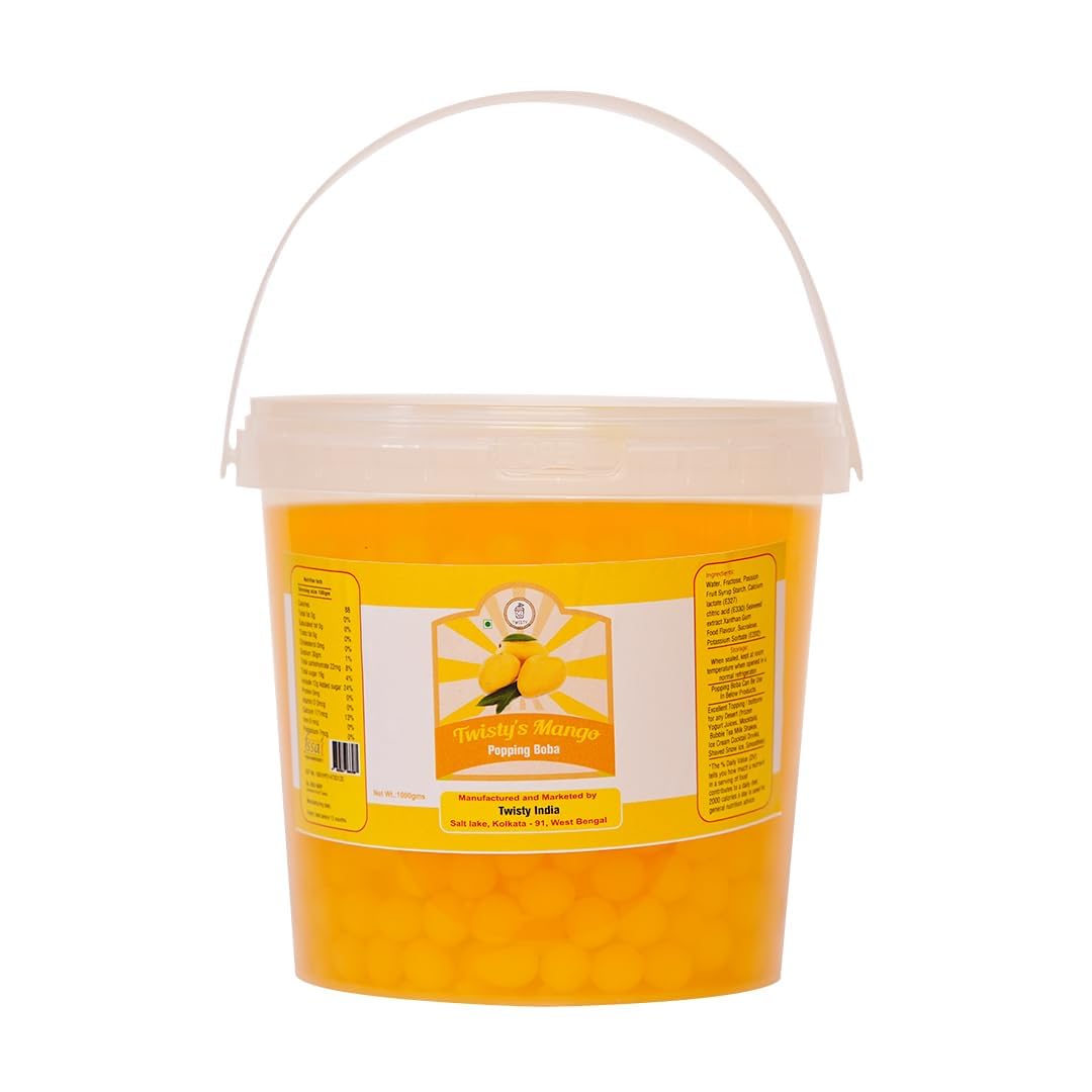 Twisty The Boba Station® Popping Boba for Bubble Tea, Milkshakes, Ice Cream & Yogurt | Boba Tea Variety of Flavors - Vegan | 1 kg with 10 Pieces Straws (Mango)