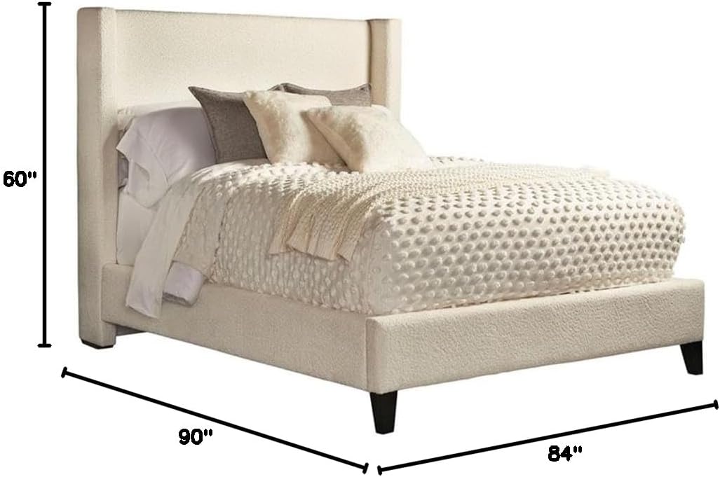Pemberly Row Modern Traditional King Bed, Ivory Boucle Fabric Upholstery, 84" W x 90" D x 60" H, Winged Headboard, Premium Slat System, Adjustable Frame Compatible, Classic Bedroom Furniture