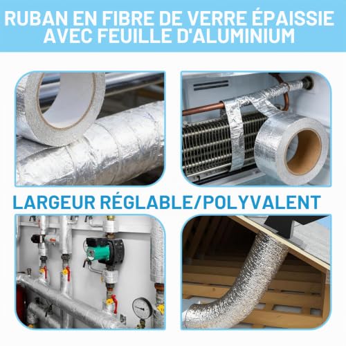 JiangZShangM Ruban adhésif en Aluminium Renforcé 5 cm x 20 m, Aluminium Haute Température, Résistant à la Chaleur, Imperméable, Isolant Thermique et Étanchéité pour Réparation de Surfaces Métalliques – vue 6