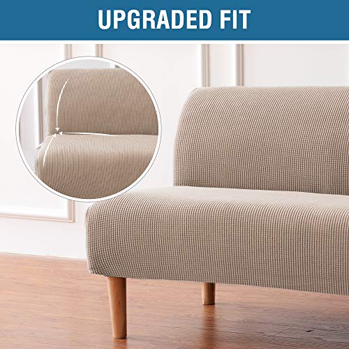 H.versailtex Armless Futon Cover Stretch Sofa Bed Slipcover Protector Elastic Feature Rich Textured High Spandex Small Checks Jacquard Fabric Futon Cover, Machine Washable, Sand #TOP2
