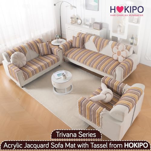 Image of HOKIPO Sofa Backrest Cover with Tassel | 300 GSM Thick Cotton Acrylic Jacquard Fabric Backrest Mat, Size 55x70 cm,'Trivana Series' Chocolate Brown (IN-932-J4)