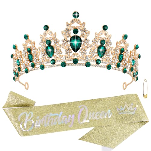 Atoden Green Birthday Crown and Sash Tiara for Women and Girls Crystal Rhinestone Tiara for Birthday Party Wedding Quinceanera Prom Festival EF8277