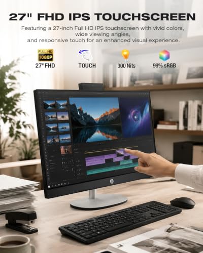 Image of HP 27 Touchscreen All-in-One Desktop AMD Ryzen AI 7 350 (5.0 GHz 50 Tops) | 16GB RAM, 1TB SSD, 27 inch FHD IPS Display, Windows 11, WIFI6 BT5.4, Wireless Keyboard & Mouse, Home Office PC, Adjustable Height