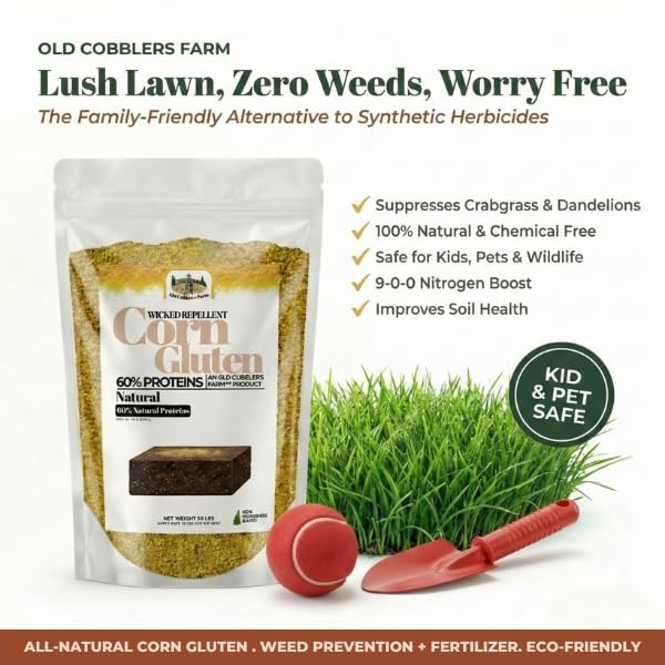 Old Cobblers Farm™ Wicked Repellent Corn Gluten - Lawn Care for Healthy Grass,Pre-emergant, Ground-Breaking Formula with Pure Corn Gluten (5/10/15/20 lbs) (5 lbs)