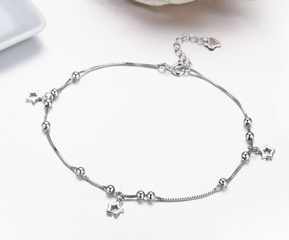 Kim Johanson Damen Fußkettchen *Silver Star* aus Edelstahl in Silber mit beweglichen Sternen & Kugeln inkl. Schmuckbeutel