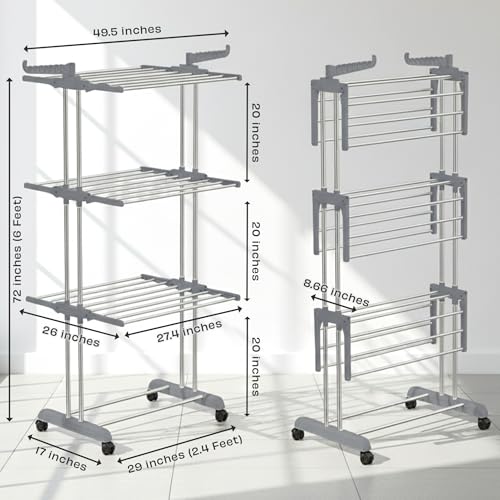 Image of ZOLMIX 3 Tier Stainless Steel Foldable Clothes Drying Stand Compact | Portable Cloth Dryer for Balcony /Indoor /Space Saving Cloth Hanger Stand with 24 Rods /Big Foldable Rack with Wheels (Grey)