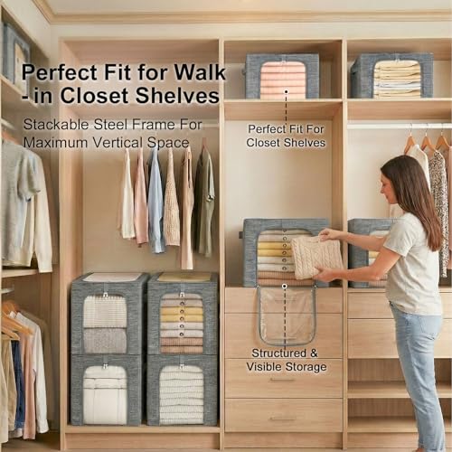 Image of GoMaihe Blanket Storage Bins with Metal Frame, 6-Pack Large Closet Storage Bins with Lid & Clear Window, Comforter Bedding Storage Organizer for Walk-in Closet Cationic Fabric 55L