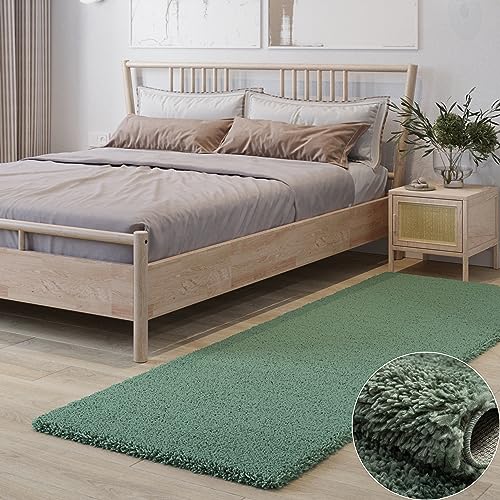MY-RUG Shaggy Star kuscheliger Langflor Teppich, Rutschhemmende Unterseite, extra Langer Hochflor 37 mm, Pflegeleicht, Super Soft, Felloptik, grün, Läufer 200 x 80 cm