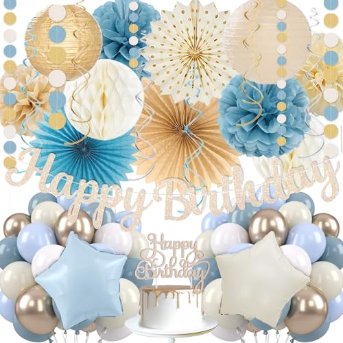 Image of Dusty Blue Beige Champagne Women Birthday Decorations, Boho Neutral Boys Girls Blue Party Decor With Fog Cream Gold Balloons,Happy Banner Garland,Paper Lanterns, Honeycomb Tissue Pom Poms For Adults