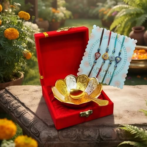 Image of Premium Rakhi Gift Set, Gold Plated German Silver Bowl Spoon, Designer Rakhi for Brother, Raksha Bandhan Festive Gift Box 4 Rakhi Set for Brother with gift