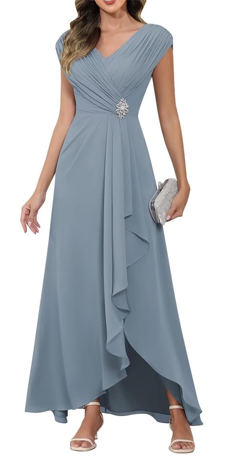 KIYNE Chiffon Mother of the Bride Dresses for Women Ruched Dusty Blue Formal Evening Gown A Line Prom Party Gown UK10