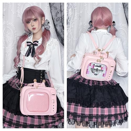 Image of Women TV Shape Ita Bag Pink Television Shoulder Bag Design Ita Backpack Unique female Clear Window Anime Pins Display Crossbody Bag（pure pink）