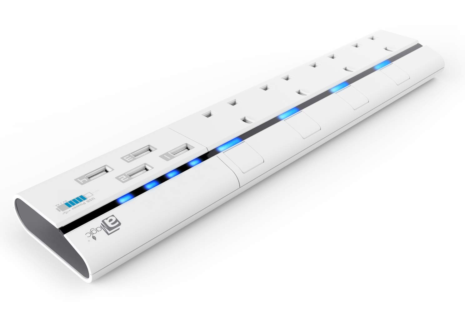 aMagic Extension Lead with USB, 4 Way Socket (Individually Switched Power Strip), 4 USB Port, 2m Power Lead, White