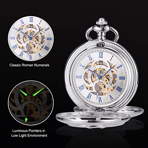 Sibosun Pocket Watch Mechanical Pocket Watch Hollow Rudder Case Skeleton Steampunk Hand Wind Pocket Watches For Men Double Cover Roman Numeral Dial Silver Pocket Watch Antique Vintage #TOP3