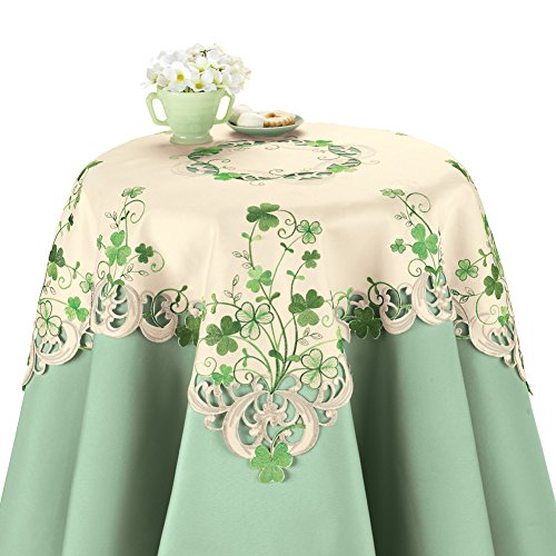 Collections Etc Embroidered Irish Shamrocks Table Linens on Cream Background - Perfect for St. Patrick's Day, Square