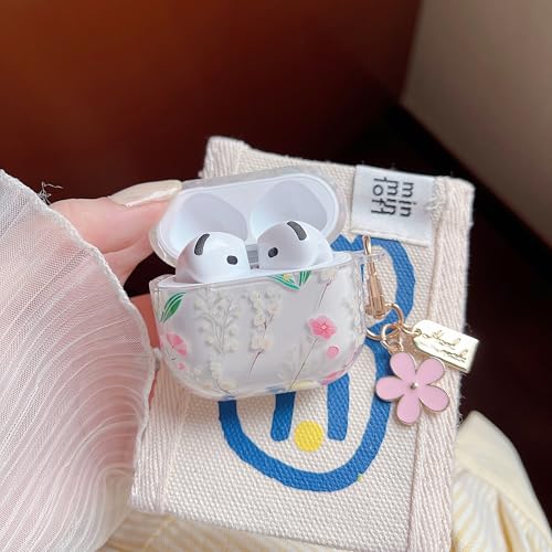 Image of MINSCOSE for AirPods 4 Clear Case,Cute Flowers Leaves Pattern Design with Kawaii Floral Keychain,Soft Silicone Protective Shockproof Cover with Cleaner Kit for Girls Women-Pink
