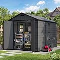 Amopatio 8x10 FT Outdoor Resin Shed, Storage Shed with Floor, Plastic Sheds for Bike, Garden Tools, Sheds & Outdoor Storage with Lockable Door, Window & Vents,Dark Grey