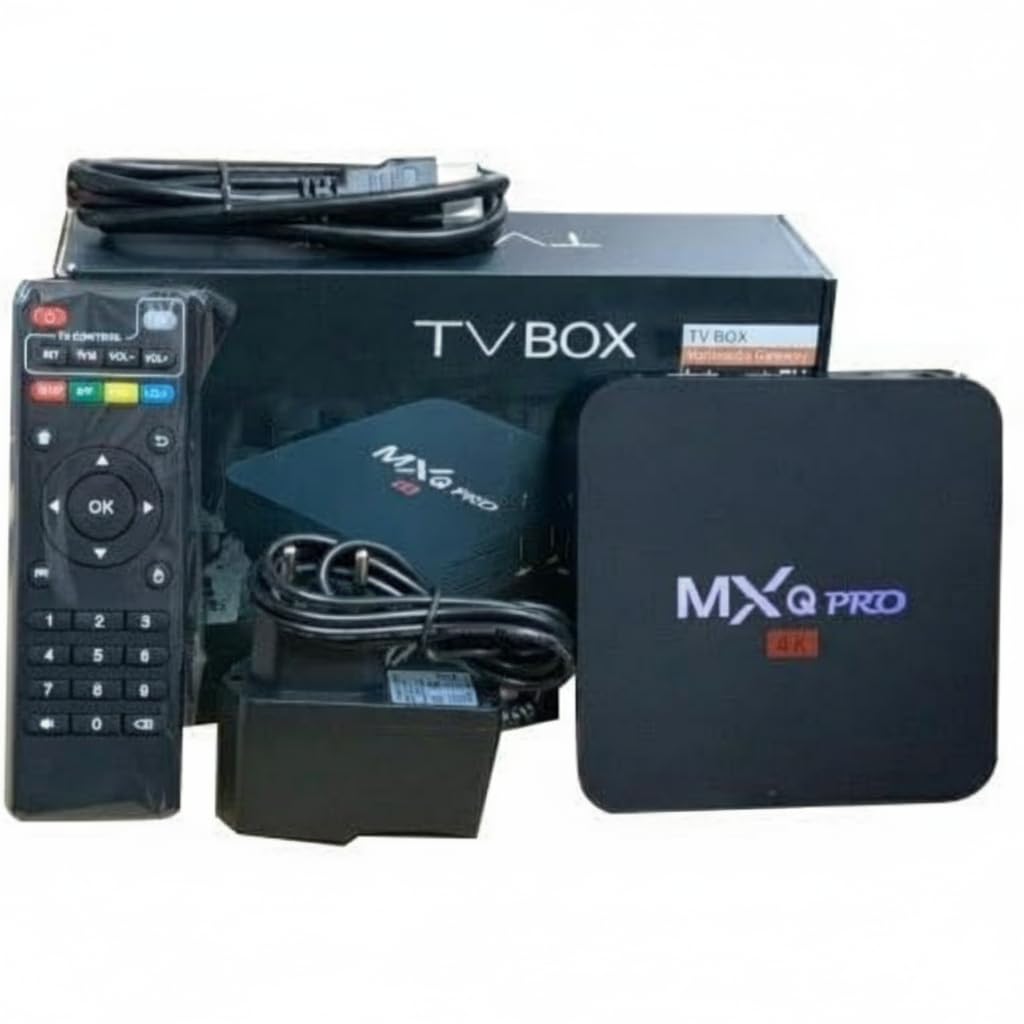 MXQ PRO 4K Android TV Box, remote, power adapter, and cables