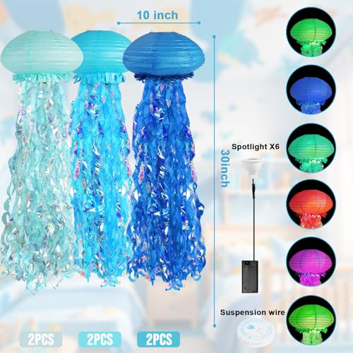 Image of 6 Pack Glowing Jellyfish Lanterns with Color LED, Hanging Jellyfish for Under The Sea Party, Mermaid Birthday Decorations, Ocean-Themed Decor, Jellyfish Decor with 36ft String