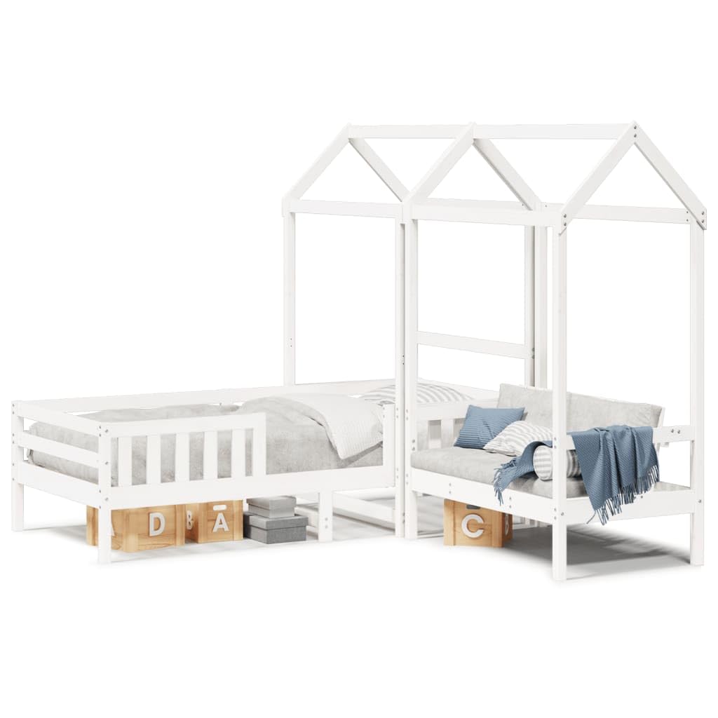 Giroletto Bianco con Panca e Tetto 80x200cm Legno Massello Pino Letto per Bambini con Sponde Schienale Telo Tenda per Cameretta Divertente Design Moderno