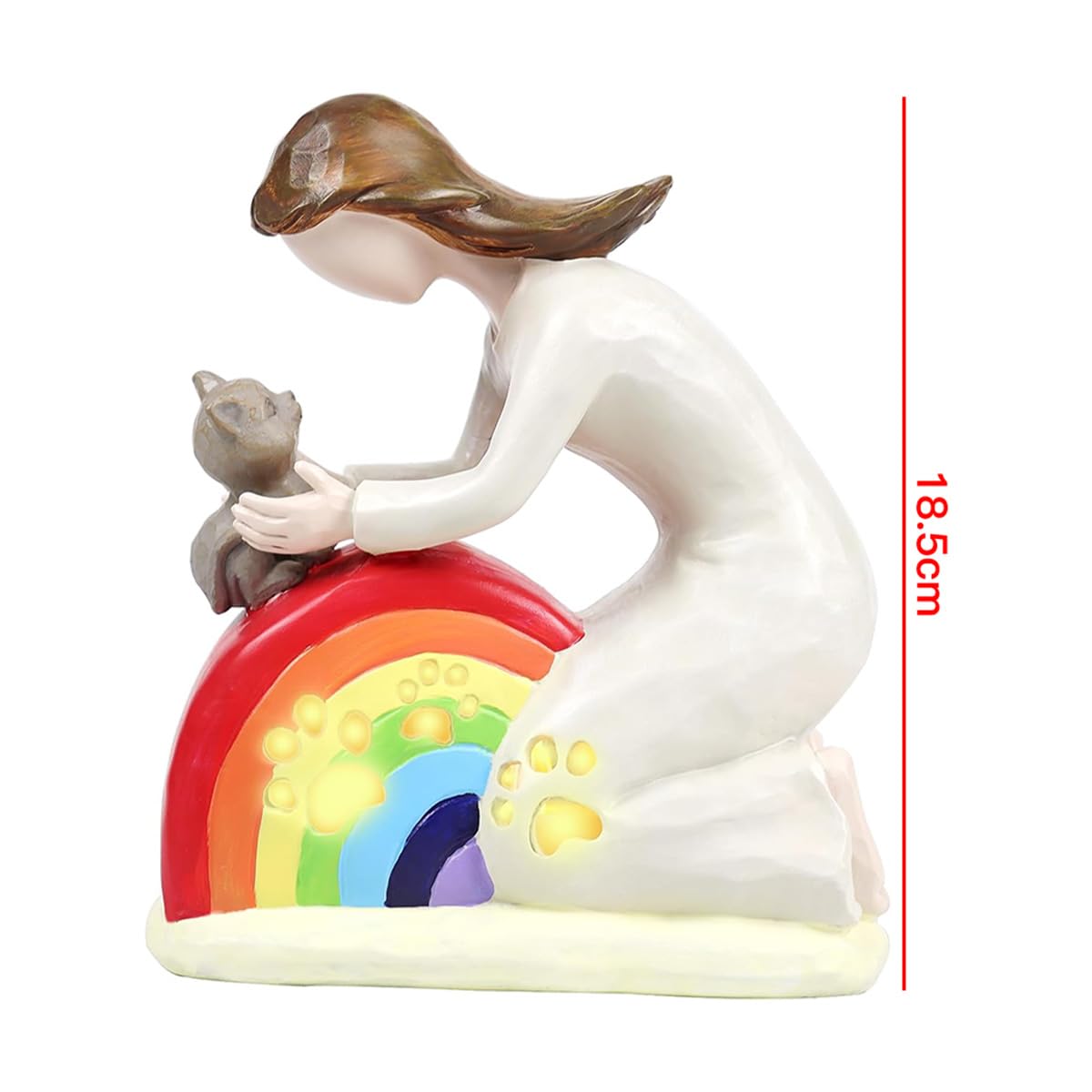 Regalo conmemorativo de gato Rainbow Bridge con estatua de resina artesanal de niña abrazando a un gato para expresar condolencias por la pérdida de una mascota.