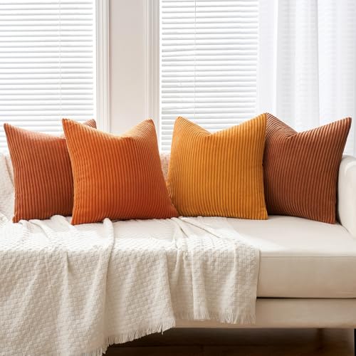 Image of MIULEE Boho Farmhouse Throw Pillow Covers 18x18 Inch Set of 4 Mordern Nordic Cushion Covers Soft Corduroy Home Decor for Couch Bed Sofa Living Room Orange Rust