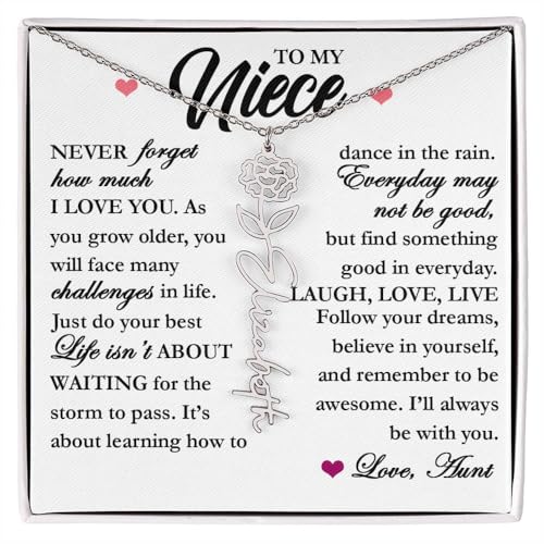 Custom Niece Gift, Birth Flower Name Necklace with Gift Box, Customized Floral Pendant Jewelry Keepsake for Women, Birthday Month Necklace for Christmas Graduation