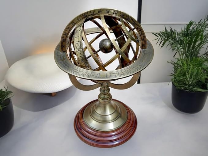 "Antique Brass Zodiac Armillary – 5'' Engraved Celestial Globe with Wooden Base | Nautical Decor"