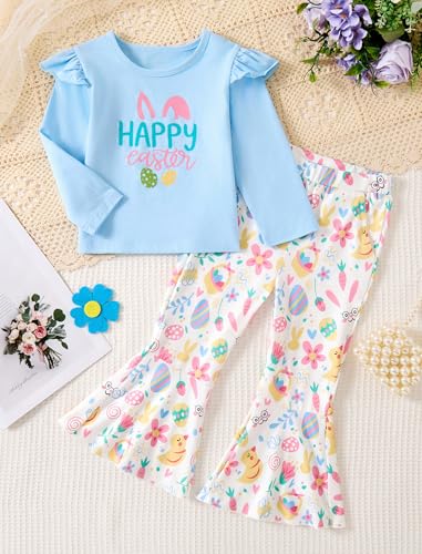 Image of Easter Outfit Toddler Girl Bunny Print Short Sleeve Tee Shirt Cute Flare Pants Easter Outfits for Girls 2-6T