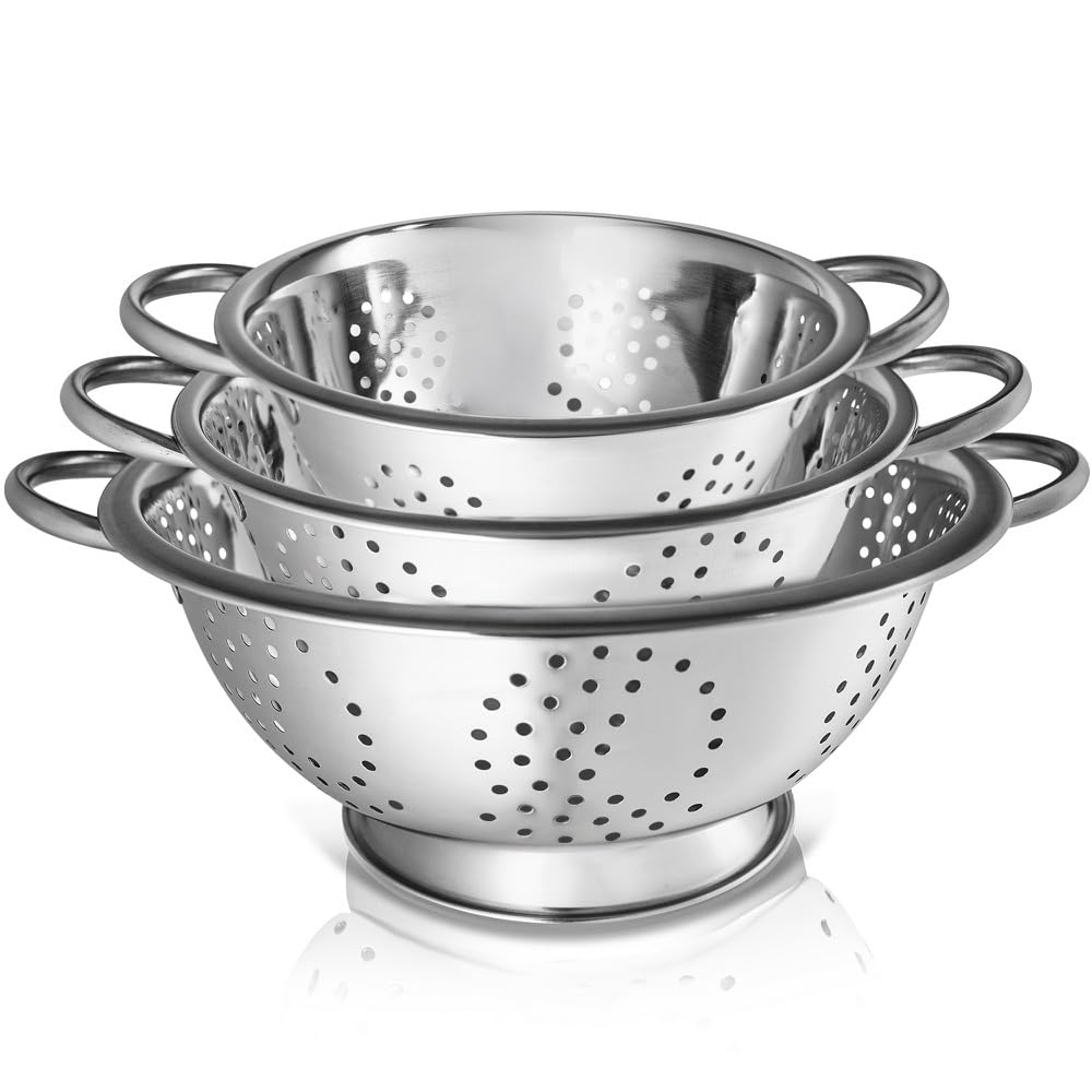 Whysko 3 Pack Stainless Steel Colanders with Handles - 5 Qt, 3 Qt, 1 Qt - Durable Colander for Kitchen Strainers and Colanders Set - Ideal Metal