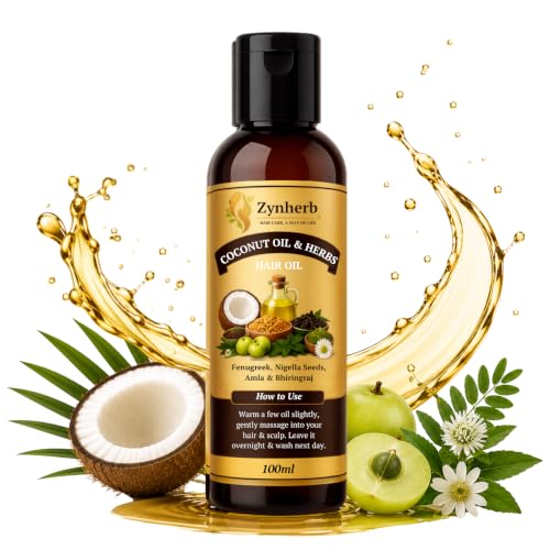 Image of Zynherb Coconut Oil & Herbs Hair Oil with Fenugreek, Nigella Seeds, Amla & Bhringraj, Paraben Free, for All Hair Types, 100ml